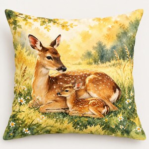 May include: A square throw pillow featuring a watercolour illustration of a brown doe and her spotted fawn resting together in a field of green grass and white daisies, set against a soft yellow and golden forest background with tree branches.