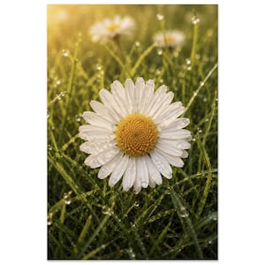 Peut inclure: Une marguerite blanche avec un cœur jaune vif se dresse au premier plan, entourée de brins d'herbe verte couverts de petites gouttes de rosée transparentes. D'autres marguerites floues apparaissent dans l'arrière-plan doré et doux.