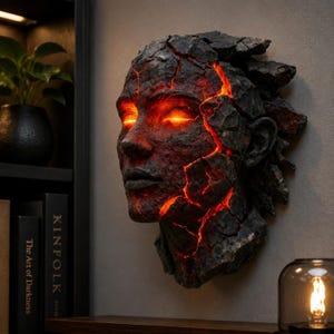 Puede incluir: Una escultura de pared de una cabeza humana con una textura oscura y agrietada similar a la piedra. Las fisuras en el rostro y los ojos emiten una luz naranja brillante, creando un contraste con la superficie oscura y rugosa del material.