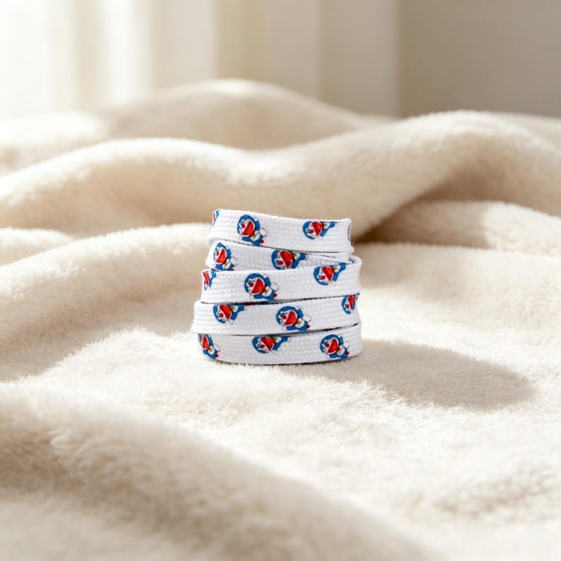 May include: A pair of white shoelaces coiled into a stack, featuring a repeating pattern of the blue, white, and red Doraemon character printed along the length of the flat fabric material. The laces are arranged in a neat, cylindrical spiral.