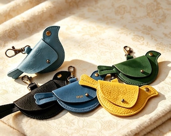 Leather Bird Coin Pouch, Snap Closure Keychain Bag Charm, Custom Monogram Organizer