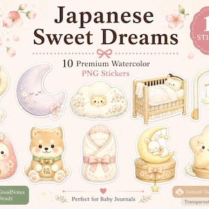 Japanese Sweet Dreams – 10 Watercolor PNG Stickers for GoodNotes