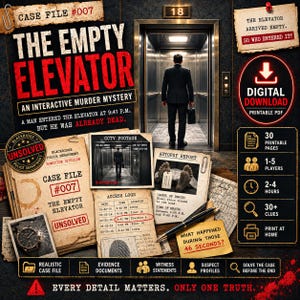 Może przedstawiać: Interaktywny cyfrowy plik do pobrania z zagadką kryminalną pod tytułem The Empty Elevator Case File #007. Obraz przedstawia mężczyznę w garniturze wchodzącego do windy, nagranie z monitoringu, raport z sekcji zwłok, logi dostępu, zegarek i długopis.