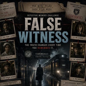 May include: The Mind Files Case File #002 False Witness detective memory challenge game box features a dark train station scene with a central figure, a clock, and six framed photographs of witnesses labeled with their roles and numbers.
