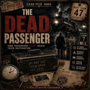 May include: A mystery game box titled The Dead Passenger Case File #004 featuring a dark train scene, a vintage suitcase with the text Do Not Let Them Open The Case, a pocket watch, a key labelled 214, and a Railway Police confidential evidence file.