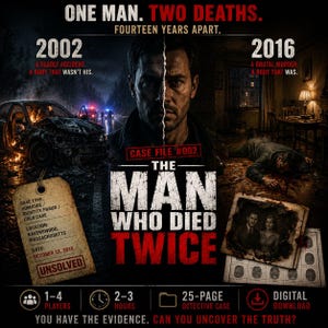 Puede incluir: Un juego de detectives digital titulado The Man Who Died Twice, Case File #002. El póster muestra una imagen dividida de un accidente automovilístico en 2002 y una escena del crimen en 2016, un rostro masculino, una etiqueta de caso y detalles.