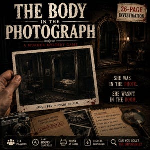 May include: The Body in the Photograph murder mystery game box features a vintage-style photograph showing a room with a mirror and a figure on the floor. Includes a confidential file, a magnifying glass, and a camera. Text reads 26-Page Investigation.