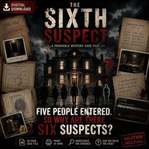 Op de afbeelding: Een digitaal mysterie-spel om te downloaden genaamd The Sixth Suspect met een donker landhuis, zes silhouetten en diverse dossierdocumenten waaronder een gastenboek, plattegrond, bewijsmateriaal en een briefje met de tekst: If something happens to me, look for the truth in the place no one checks.