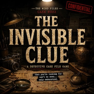 May include: A detective case file game titled The Invisible Clue, Case #003, The Mind Files. The box cover features a dark, moody desk with a vintage camera, magnifying glass, pocket watch, and a map. Text reads: What you're looking for can't be seen.