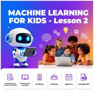 Puede incluir: Un gráfico educativo digital titulado MACHINE LEARNING FOR KIDS - Lesson 2 que muestra un robot blanco y azul con una tableta, cuatro niños usando una computadora portátil e iconos para hojas de trabajo, guías y archivos PDF.