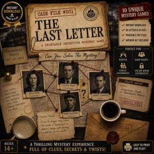 Puede incluir: Un juego de misterio detectivesco imprimible titulado The Last Letter, Case File #001. El diseño incluye un mapa, tres fotos de sospechosos, una lista de pruebas, un informe policial sin resolver, una lupa y una taza de café sobre un fondo oscuro.