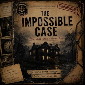 May include: A file folder titled The Impossible Case with a Ravenshire Police Department badge, a confidential stamp, and a dark house illustration. Text includes The Case That Solves You, Case File #001, and a note saying If you're reading this... you're already involved.