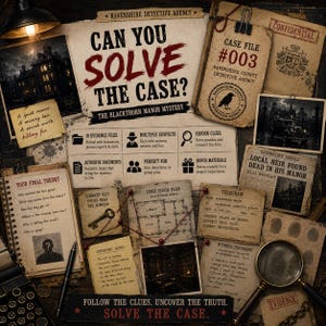 Pode incluir: Um jogo de mistério intitulado Can You Solve The Case? The Blackthorn Manor Mystery. Inclui um arquivo de caso, documentos de prova, uma planta baixa, um telegrama, depoimentos de testemunhas, uma chave de biblioteca e uma lupa.