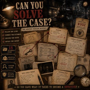 May include: A mystery game set featuring the title CAN YOU SOLVE THE CASE? THE ASHFORD STATION MYSTERY. Includes 18 evidence files, a telegram, witness statement, passenger manifest, key, blueprint, magnifying glass, and a notebook for theories.