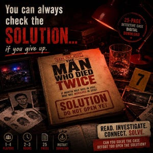 Op de afbeelding: Een digitaal detective-dossier getiteld The Man Who Died Twice, met een document van 25 pagina's, bewijsfoto's, een vingerafdrukkaart en een oplossingsenvelop. Het spel is voor 1-4 spelers en duurt ongeveer 2-3 uur.