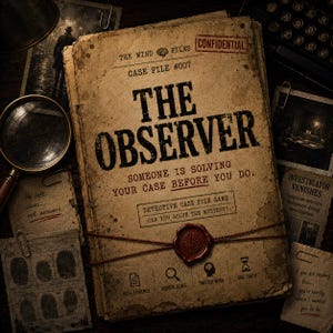 May include: A tan detective case file game titled The Observer with a red wax seal, surrounded by scattered evidence including a magnifying glass, fingerprint cards, and notes with text like He left clues... not answers and Investigator Vanishes.