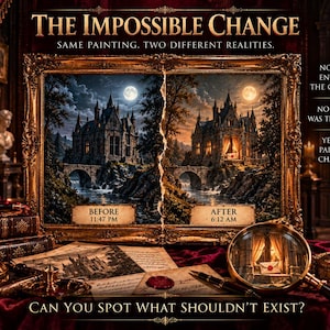 May include: A framed painting titled THE IMPOSSIBLE CHANGE showing a castle at 11:47 PM and 6:12 AM. Text reads: SAME PAINTING. TWO DIFFERENT REALITIES. NO ONE ENTERED THE GALLERY. NO ALARM WAS TRIGGERED. YET THE PAINTING CHANGED. CAN YOU SPOT WHAT SHOULDN'T EXIST?