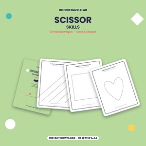 May include: A set of 12 Scissor Skills practice pages by DOODLEDAZZLELAB featuring lines and shapes. The pages include white sheets with black dotted outlines for cutting practice, such as diagonal lines, a square, and a heart shape.