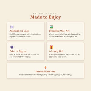 May include: An informational graphic with the heading Made to Enjoy. It lists five features: Authentic & Easy, Beautiful Wall Art, Print or Digital, A Lovely Gift, and Instant Download, each accompanied by a small icon on a light cream background.