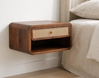 Wall Mounted Mango Wood Bedside Table with Cane Drawer