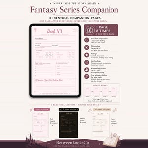 Op de afbeelding: Een digitale Fantasy Series Companion planner-sjabloon met 8 identieke pagina's voor het bijhouden van boeken. De lay-out bevat secties voor beoordelingen, belangrijkste bevindingen en relatiestatus, beschikbaar in Fairy, Dark en Classic edities.