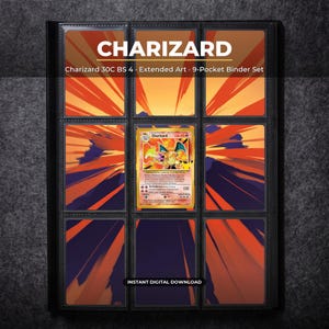 Puede incluir: Un conjunto de páginas de archivador de 9 bolsillos con una ilustración extendida de Charizard 30C BS 4. El bolsillo central contiene una carta coleccionable de Charizard, mientras que los bolsillos circundantes completan una ilustración.