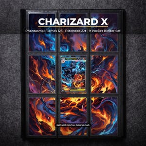Charizard X 125 utökad konst Pokémon pärmsida | Phantasmal Flames 9-fickapärm och ramdisplay | Utskrivbar kortkonst väggdekoration present