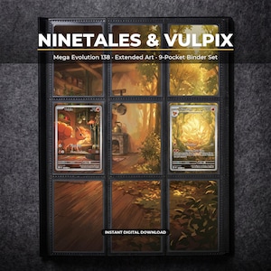 Ninetales and Vulpix Extended Art Pokemon Binder Page | Mega Evolution 9 Pocket Binder & Frame Display | Printable Card Art Wall Decor Gift