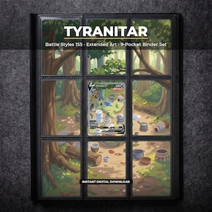 Página de archivador de Pokémon Tyranitar 155 con arte extendido | Archivador de 9 bolsillos y marco de exhibición con estilos de batalla | Póster decorativo de pared con arte de cartas imprimible