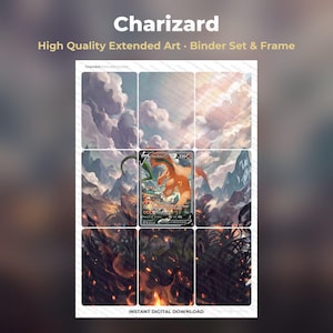 Può includere: Una stampa digitale con una carta collezionabile Charizard V centrata in un paesaggio artistico esteso. L'opera mostra un cielo con nuvole, montagne rocciose e un suolo forestale scuro e infuocato. Il testo include Charizard, High Quality Extended Art, Binder Set & Frame e Instant Digital Download.