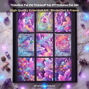 Peut inclure: Une page de classeur noire avec neuf emplacements pour cartes à collectionner, présentant des illustrations étendues de Tinkatink Pal 216, Tinkatuff Pal 217 et Tinkaton Pal 262. Les cartes montrent des paysages cristallins colorés aux tons roses et violets. Le texte en haut indique Tinkatink Pal 216 Tinkatuff Pal 217 Tinkaton Pal 262 High Quality Extended Art Binder Set & Frame.
