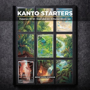 Kanto Starters 151 Rozszerzona strona z grafiką Pokemon Binder | Pokemon 151 9 Kieszonkowy segregator i ekspozycja ramek | Plakat ścienny do druku z grafiką kartkową