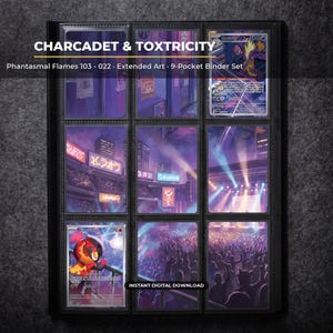 Charcadet and Toxtricity Extended Art Pokemon Binder Page | Phantasmal Flames 9 Pocket Binder & Frame Display | Printable Card Art Poster