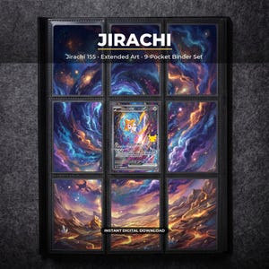 Può includere: Un set di raccoglitori a 9 tasche con arte estesa di Jirachi 155. Il display mostra nove slot per carte con un tema di nebulosa cosmica, inclusa una carta collezionabile centrale di Jirachi. Il testo recita JIRACHI, Jirachi 155, Extended Art, 9-Pocket Binder Set e INSTANT DIGITAL DOWNLOAD.