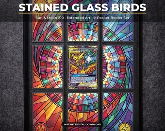 Stained Glass Birds 210 Extended Art Pokemon Binder Page | Sun and Moon 9 Pocket Binder & Frame Display | Printable Card Art Gift Home Decor