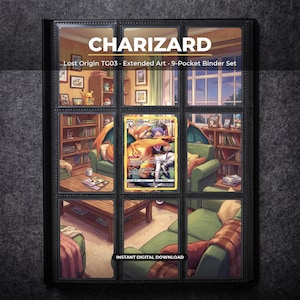 Página de arte extendido de Charizard TG03 para carpeta de Pokémon | Carpeta de 9 bolsillos y marco de exhibición de Lost Origin | Póster decorativo de pared con arte de cartas imprimible
