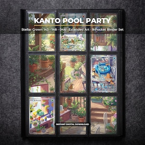 Página de arte extendido de la fiesta en la piscina de Kanto para carpeta de Pokémon | Carpeta Stellar Crown de 9 bolsillos y marco de exhibición | Póster imprimible de arte de tarjetas para decoración del hogar