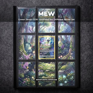 Op de afbeelding: Een zwarte verzamelmap-pagina met negen vakken, gevuld met een Mew Crown Zenith GG10 extended art kaartenset. De kaarten vormen samen een doorlopende bosillustratie met diverse wezens. Tekst: MEW, Crown Zenith GG10, Extended Art, 9-Pocket Binder Set, INSTANT DIGITAL DOWNLOAD.