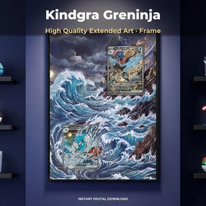 May include: A framed wall art piece titled Kindgra Greninja featuring high quality extended art of a stormy ocean scene with two trading cards embedded in the design. The artwork displays crashing waves, dark clouds, and rocky cliffs.