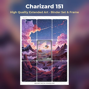 Può includere: Una stampa d'arte estesa Charizard 151 con una carta collezionabile centrale circondata da un'illustrazione paesaggistica continua di montagne, nuvole e un cielo stellato. Il testo recita Charizard 151, High Quality Extended Art, Binder Set & Frame.