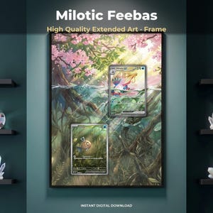 Puede incluir: Una impresión artística enmarcada que presenta cartas coleccionables de Milotic y Feebas integradas en una ilustración extendida de una escena submarina con raíces de árboles y flores de cerezo rosas, etiquetada como Milotic Feebas.