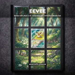 Op de afbeelding: Een 9-vaks ordnerpagina met de Eevee Gem Pack 2 01 Extended Art set. De display bevat een centrale Eevee-verzamelkaart omringd door acht kunstpanelen met bosthema. De tekst luidt EEVEE, Eevee Gem Pack 2 01, Extended Art, 9-Pocket Binder Set en INSTANT DIGITAL DOWNLOAD.