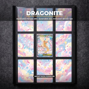 May include: A 9-pocket binder page featuring the text DRAGONITE Ascended Heroes 290 Extended Art 9-Pocket Binder Set and INSTANT DIGITAL DOWNLOAD. Eight pockets contain a pastel cloud and star pattern, while the centre pocket holds a Dragonite card.