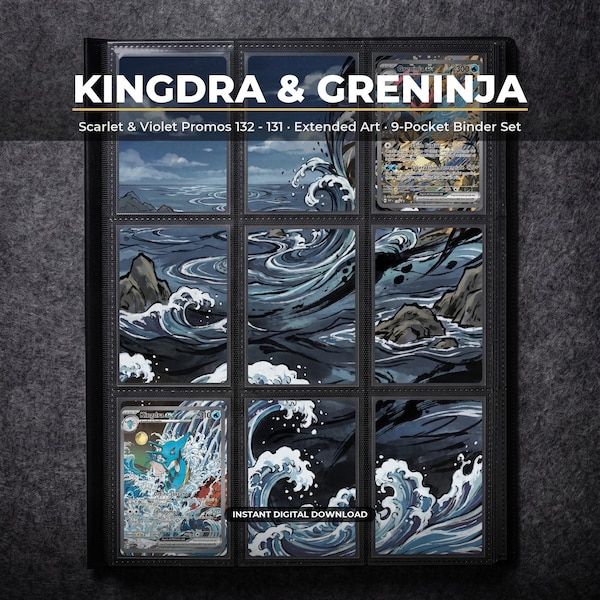 Kingdra and Greninja Extended Art Pokemon Binder Page | Scarlet and Violet Promos 9 Pocket Binder & Frame Display | Printable Card Art Pos
