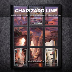 Charizard Line Extended Art Pokemon Binder Page | Pokemon 151 9 Pocket Binder & Frame Display | Printable Card Art Poster Gift
