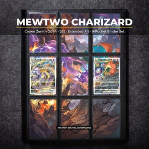 Mewtwo Charizard utökad konst Pokémon pärmsida | Crown Zenith 9-fickapärm och ramdisplay | Utskrivbar kortkonstposter present