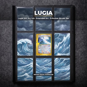 Può includere: Una pagina per raccoglitore di carte collezionabili a 9 tasche con un'illustrazione estesa di una scena oceanica in tempesta. Una singola carta Lugia è centrata nella tasca centrale. Il testo in alto recita LUGIA, Lugia 30C AQ 149, Extended Art, 9-Pocket Binder Set.