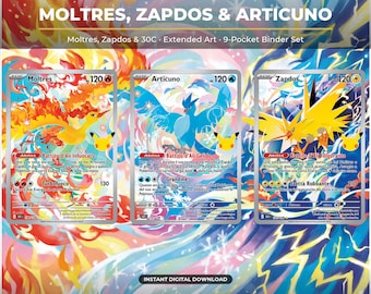 Moltres, Zapdos & Articuno 30th Anniversary - Pokemon Binder Extended Art 9 pocket, Printable TCG Card Display, 9 Pocket Binder Insert