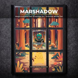 Marshadow 146 Arte Extendido Página de Carpeta Pokémon | Mega Evolución Carpeta de 9 Bolsillos y Marco de Exhibición | Arte de Tarjeta Imprimible Regalo Decoración del Hogar