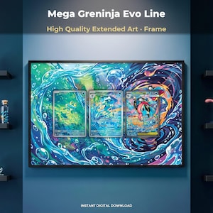 Può includere: Una stampa artistica da parete incorniciata intitolata Mega Greninja Evo Line che mostra tre carte collezionabili su uno sfondo vibrante con vortici blu e verdi a tema acquatico, con bolle e schizzi artistici di colore nella composizione.